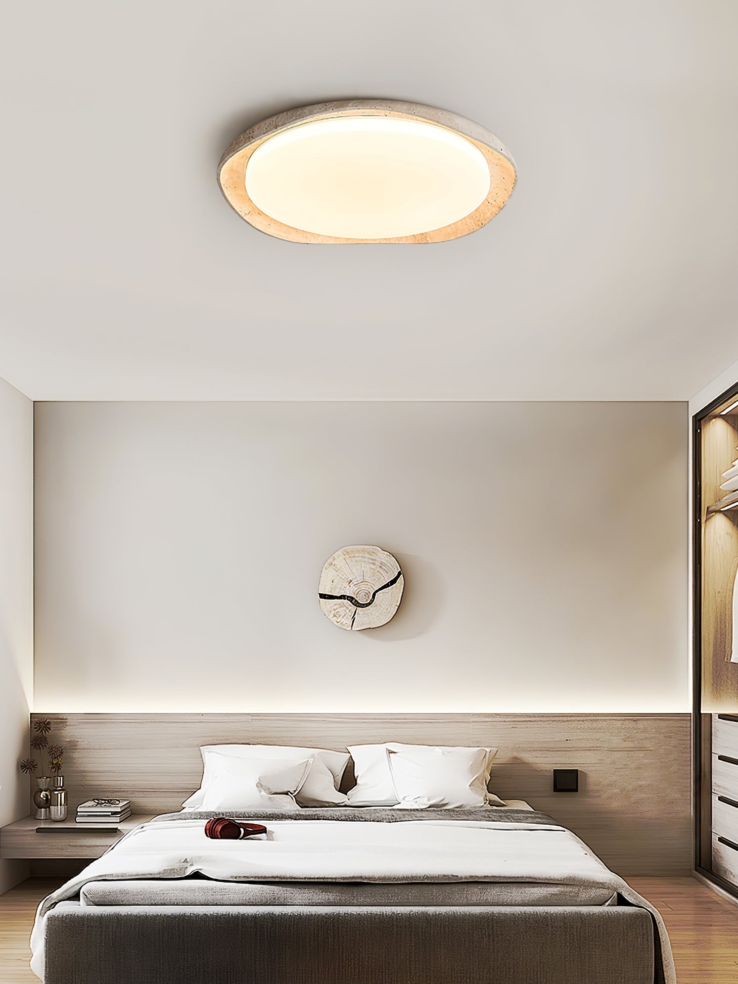 Adoros Rimmed-Circle Travertine Ceiling Light - Blowlighting