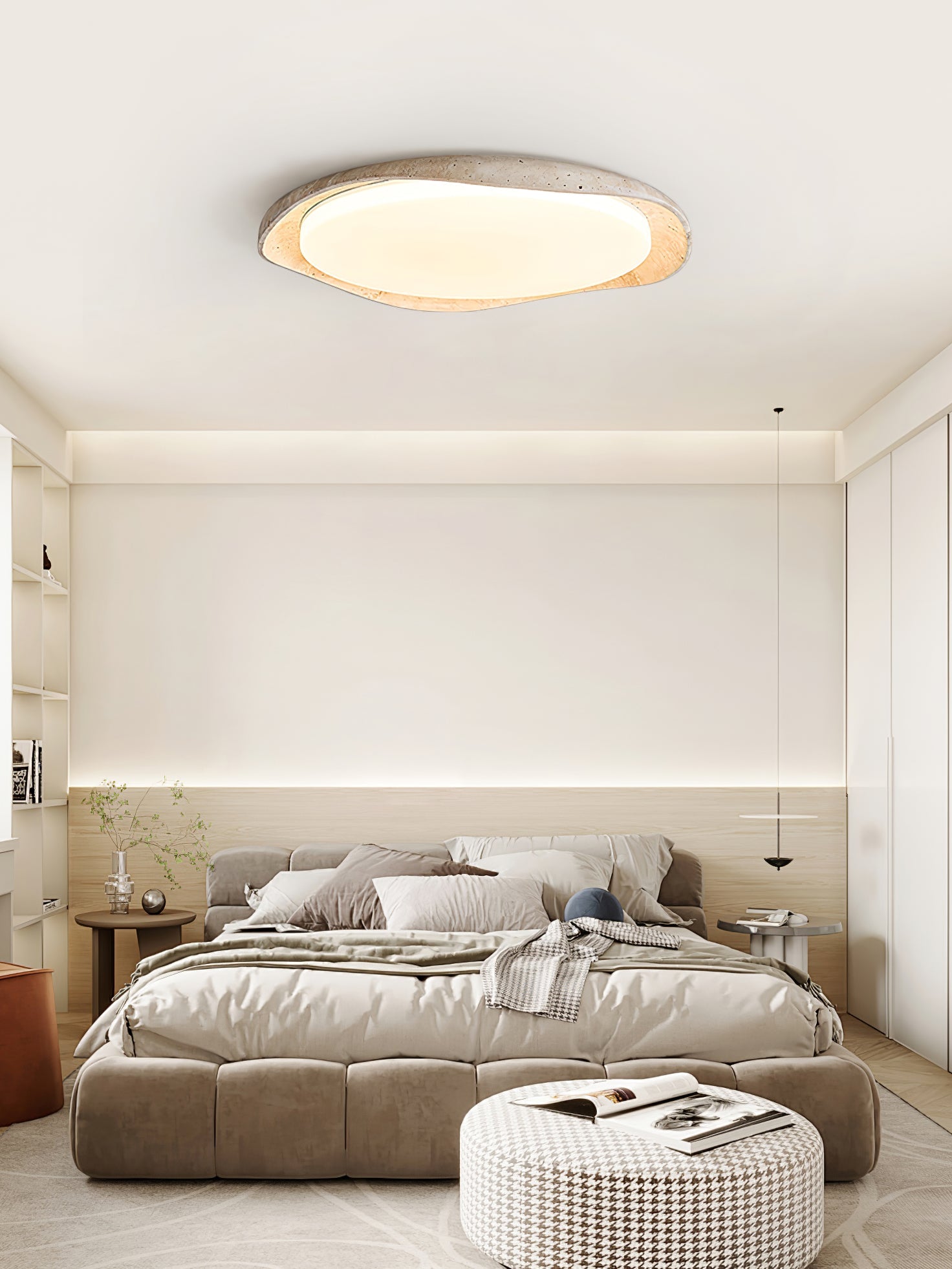 Adoros Rimmed-Circle Travertine Ceiling Light - Blowlighting