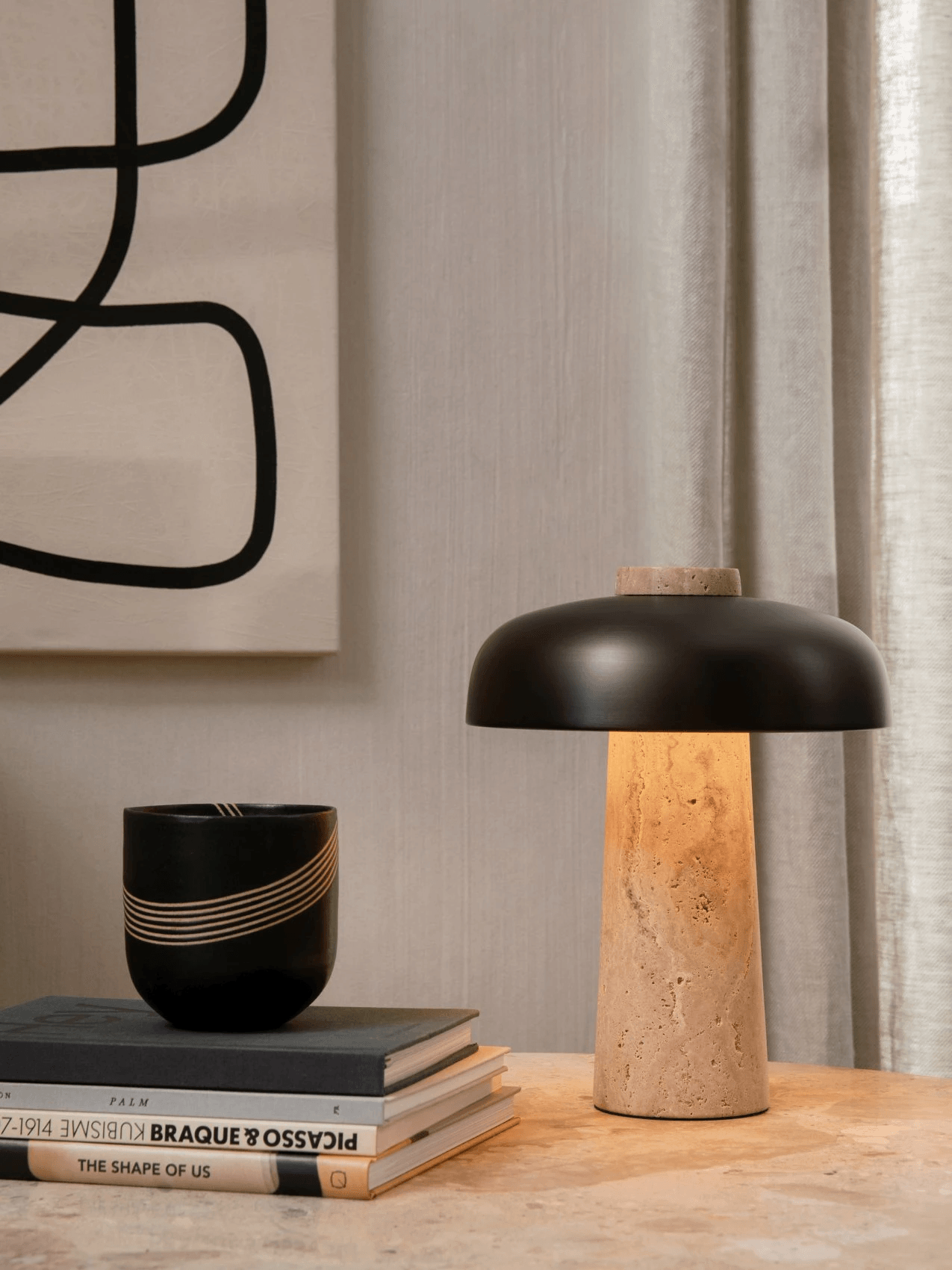 Conore Mushroom Form Travertine Table Lamp - Blowlighting