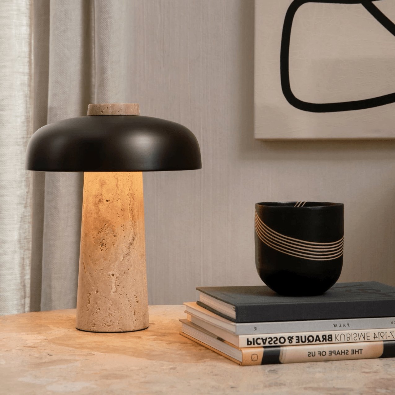 Conore Mushroom Form Travertine Table Lamp - Blowlighting