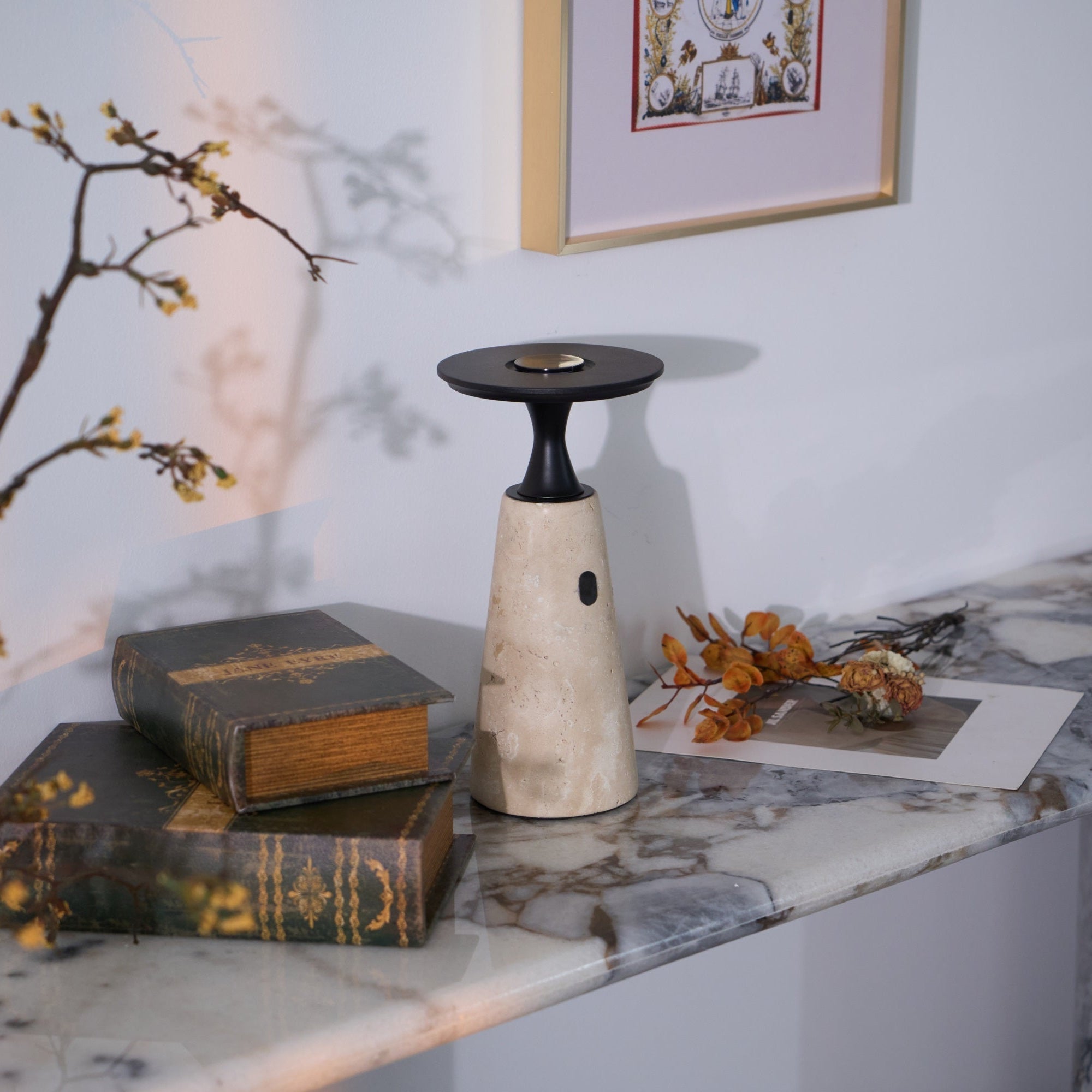 Vespera Sculptural Travertine Table Lamp - Blowlighting