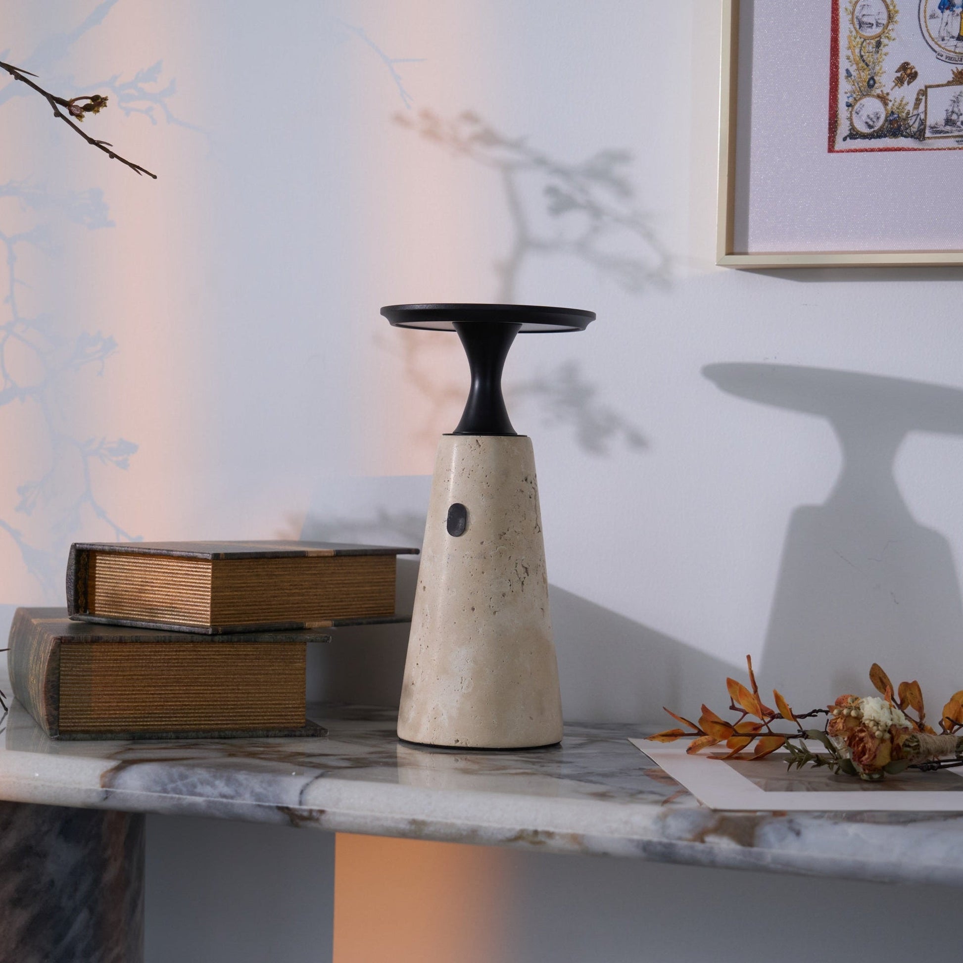 Vespera Sculptural Travertine Table Lamp - Blowlighting