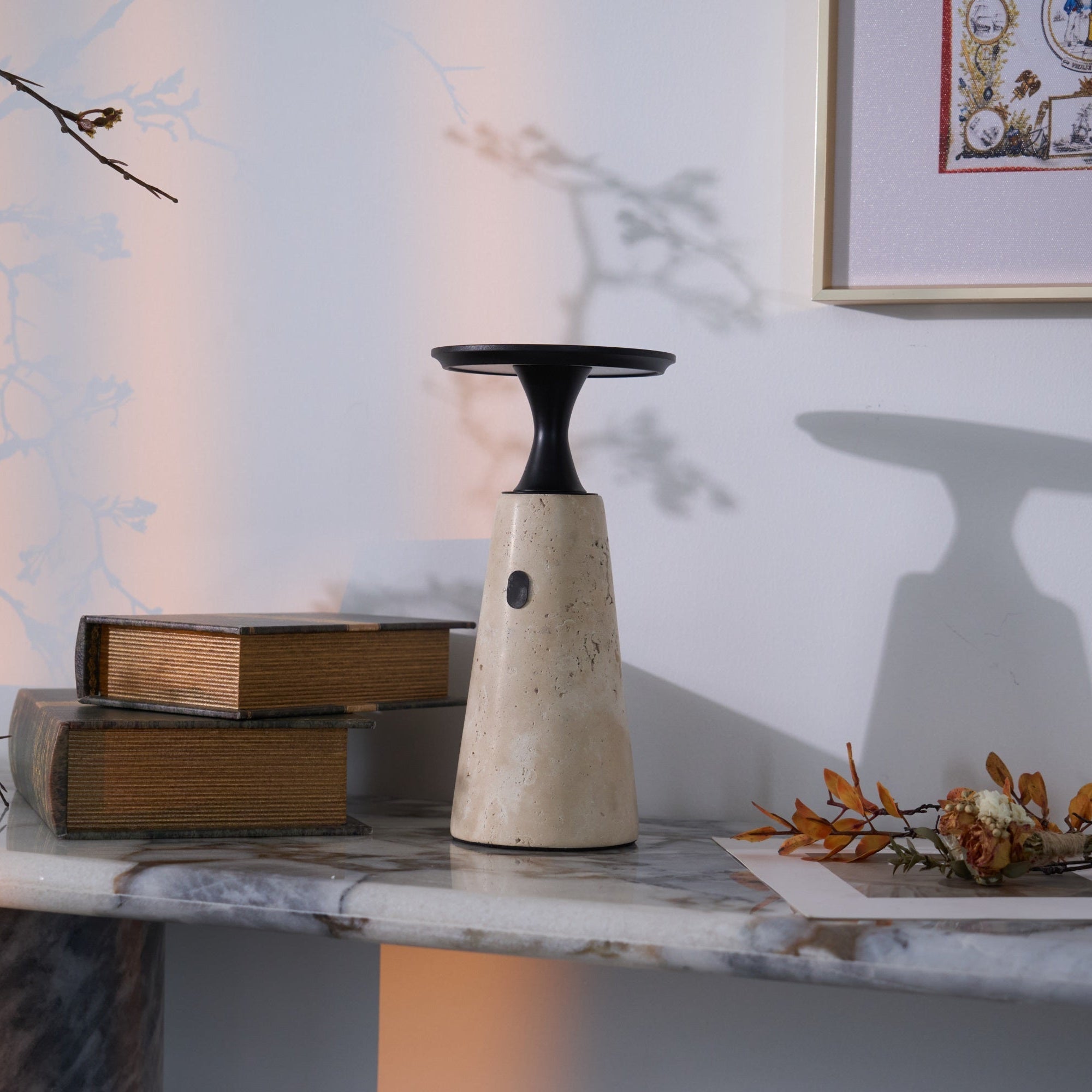 Vespera Sculptural Travertine Table Lamp - Blowlighting