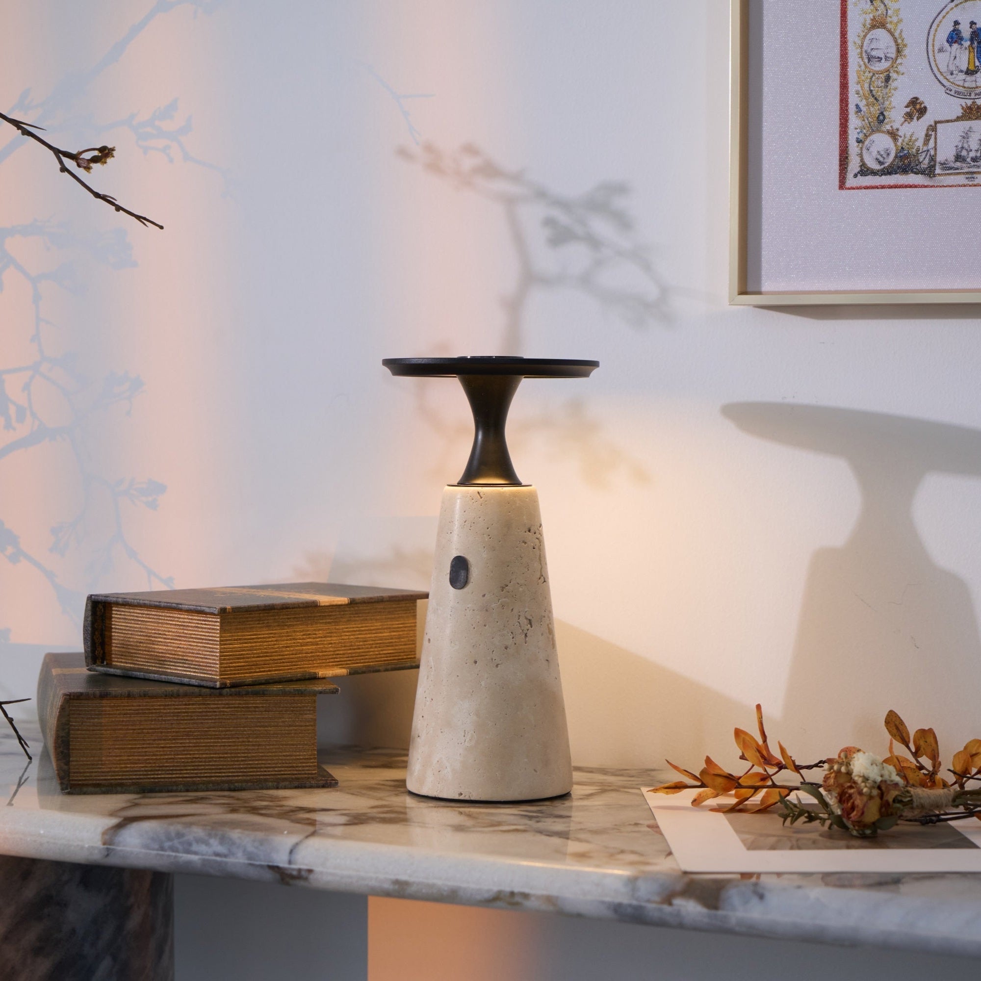 Vespera Sculptural Travertine Table Lamp - Blowlighting