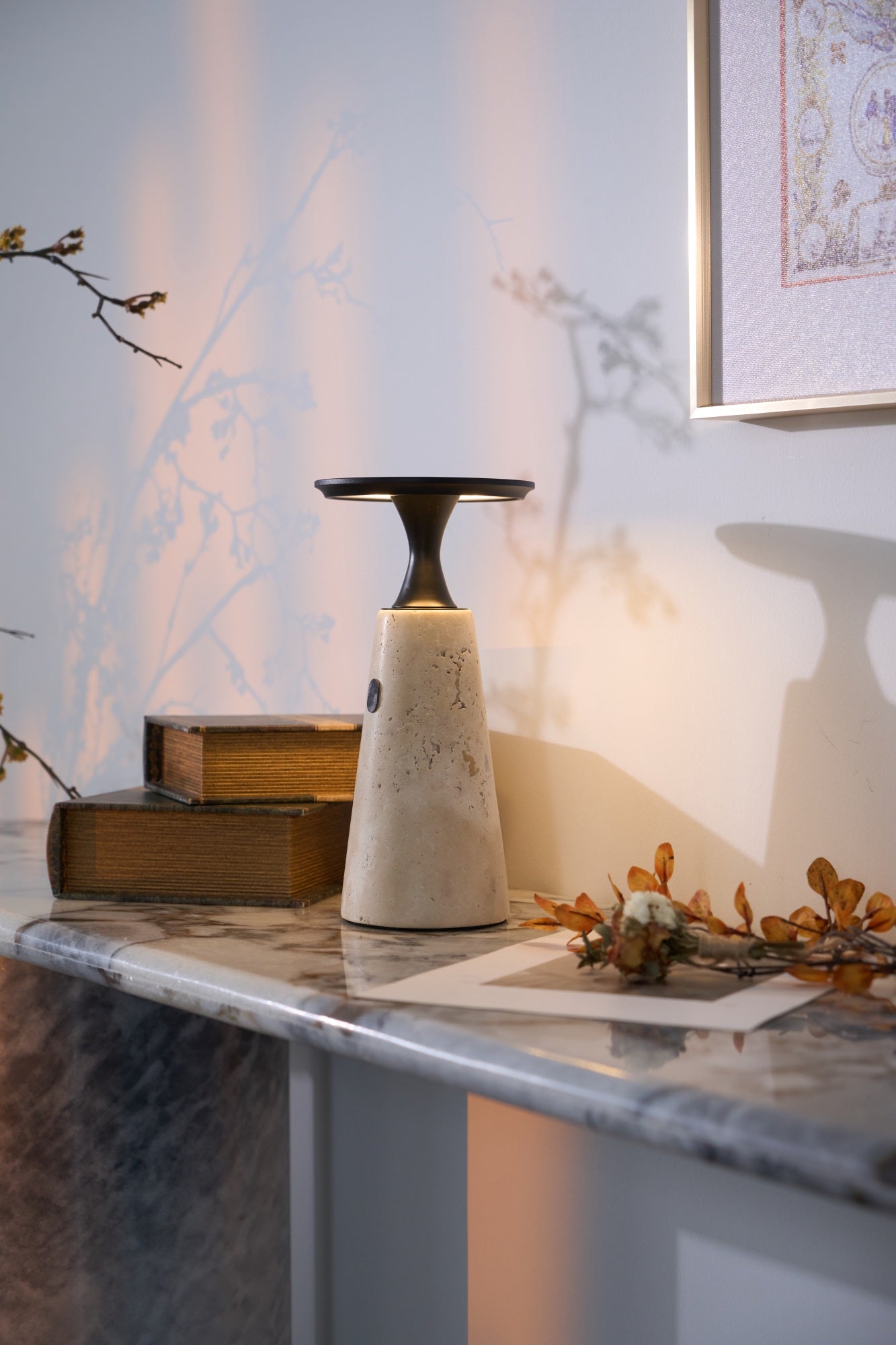 Vespera Sculptural Travertine Table Lamp - Blowlighting