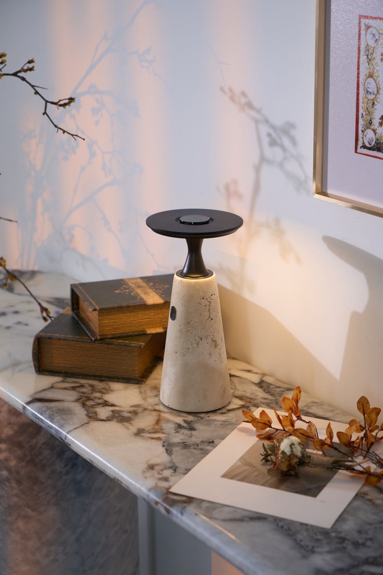 Vespera Sculptural Travertine Table Lamp - Blowlighting