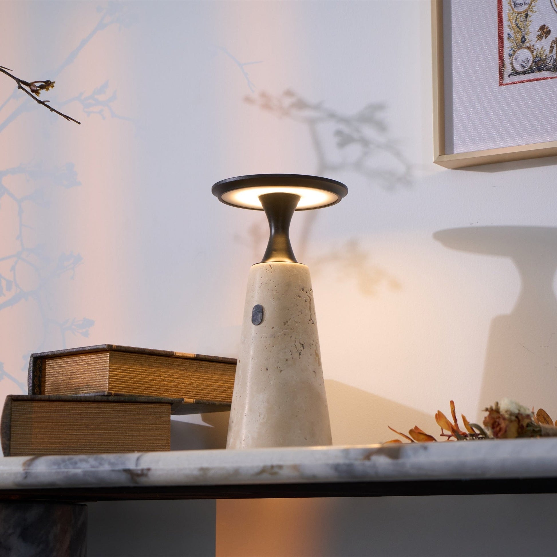 Vespera Sculptural Travertine Table Lamp - Blowlighting