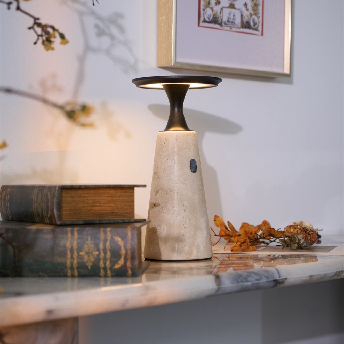 Vespera Sculptural Travertine Table Lamp - Blowlighting