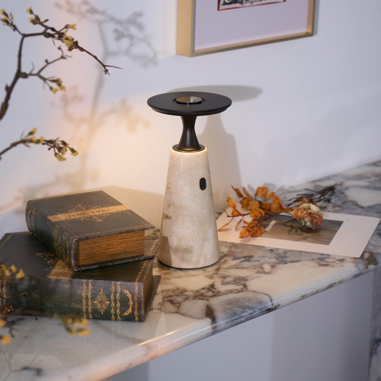 Vespera Sculptural Travertine Table Lamp - Blowlighting