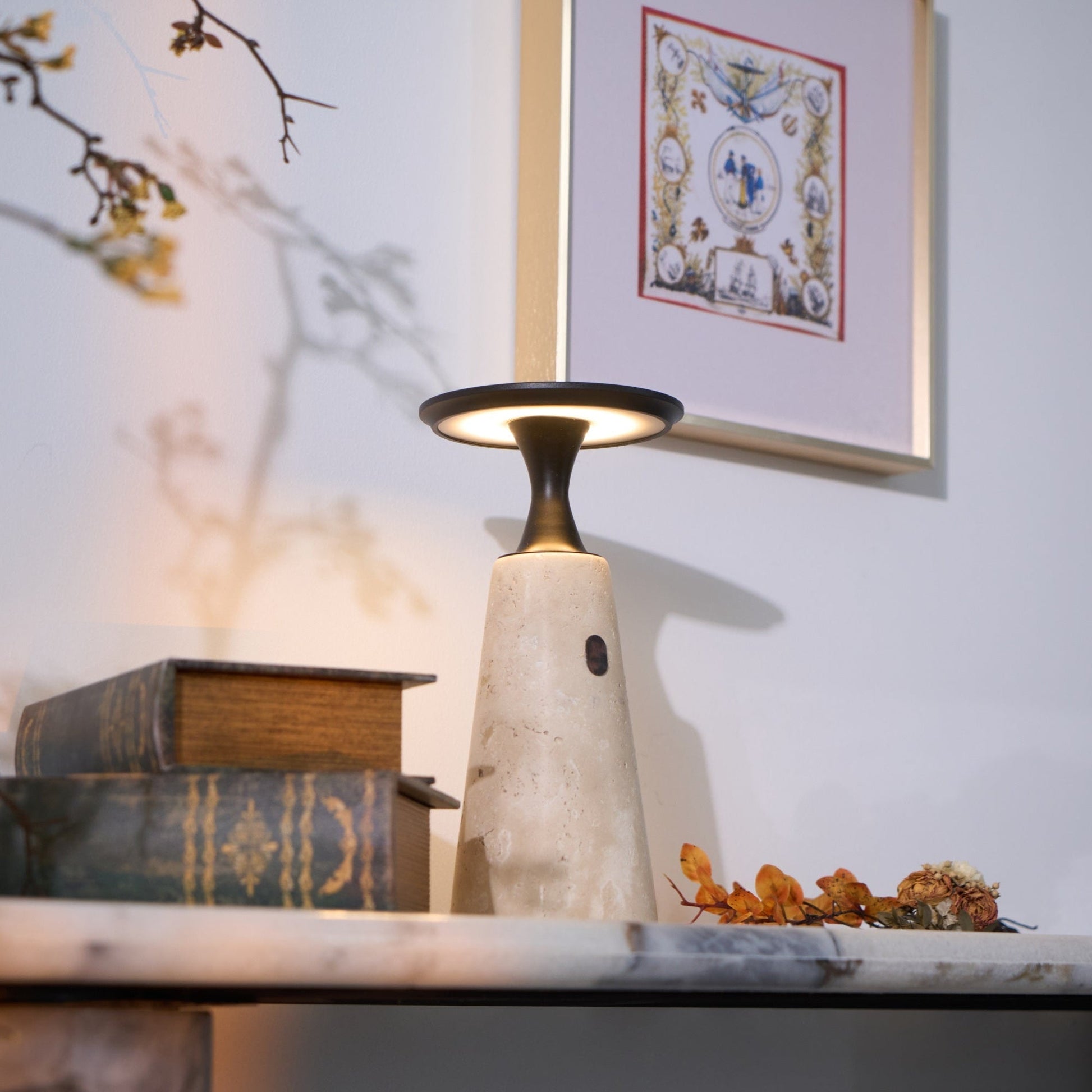 Vespera Sculptural Travertine Table Lamp - Blowlighting