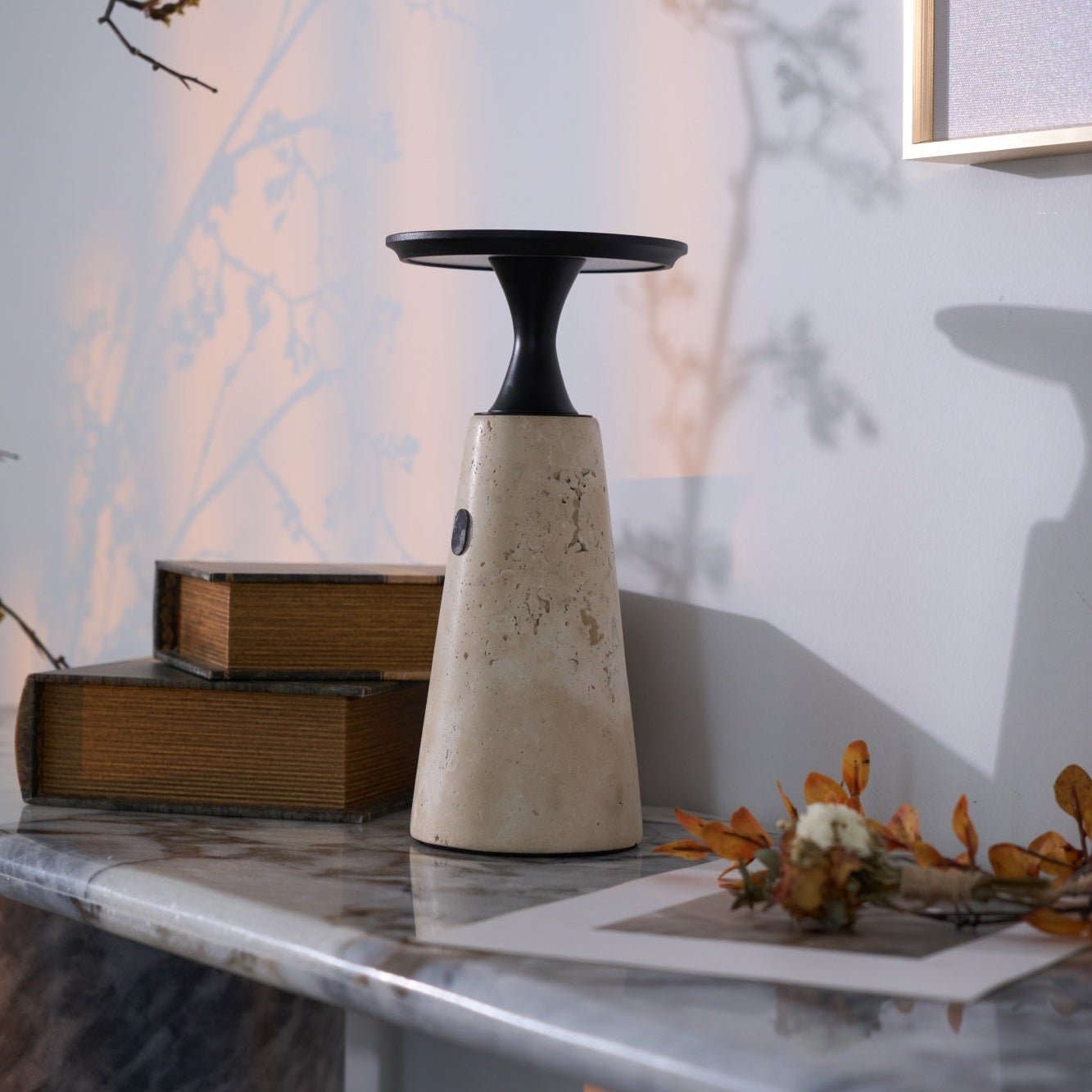 Vespera Sculptural Travertine Table Lamp - Blowlighting