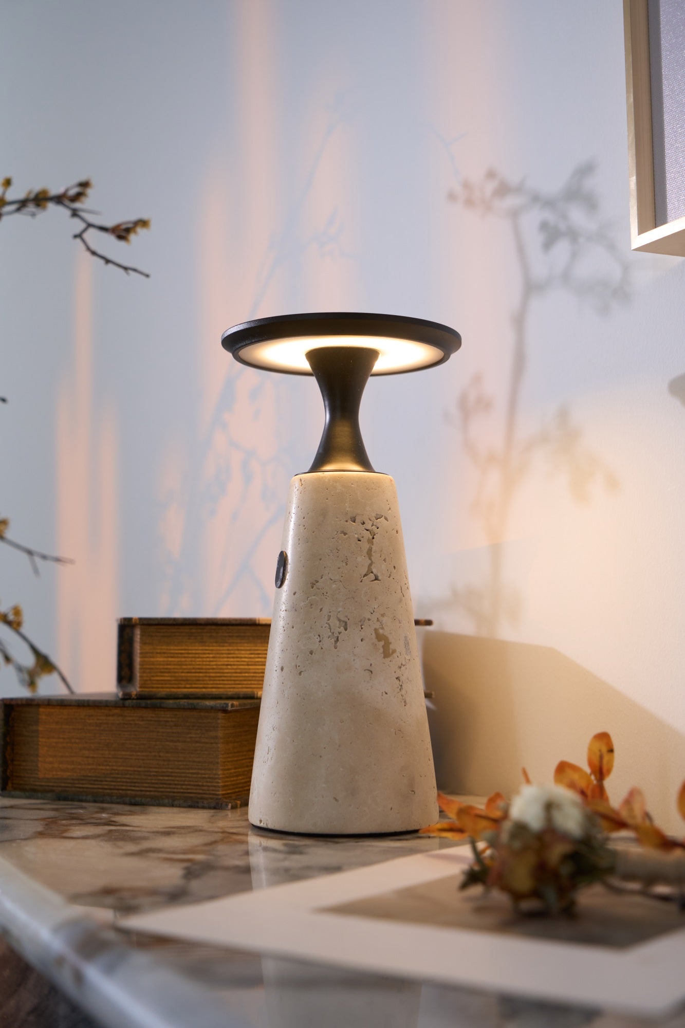 Vespera Sculptural Travertine Table Lamp - Blowlighting