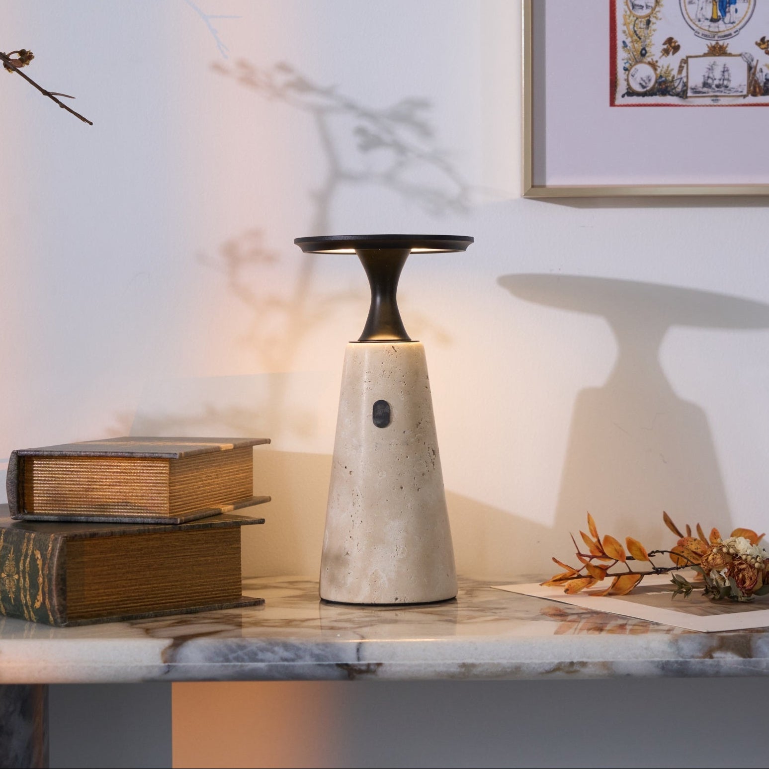 Vespera Sculptural Travertine Table Lamp - Blowlighting