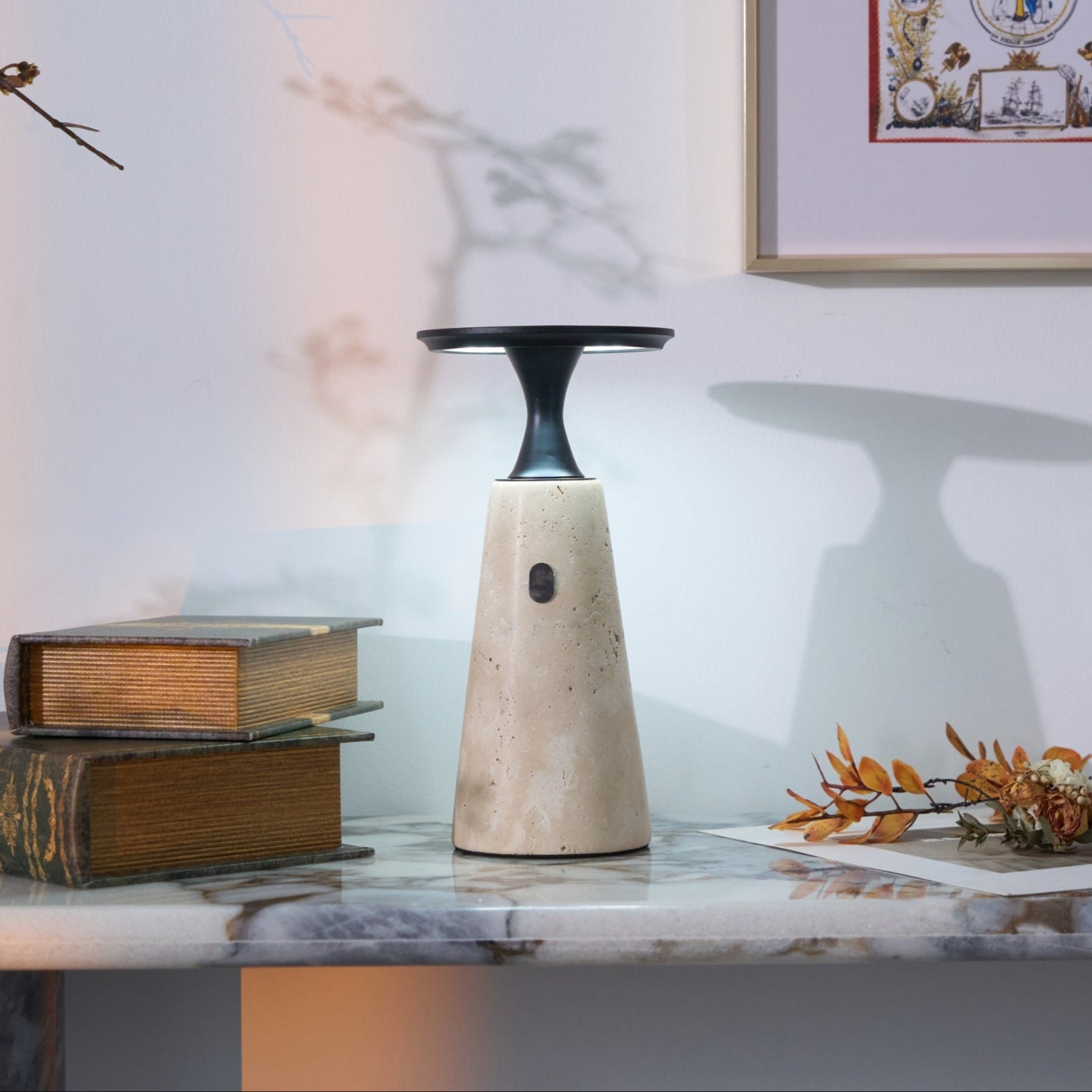 Vespera Sculptural Travertine Table Lamp - Blowlighting