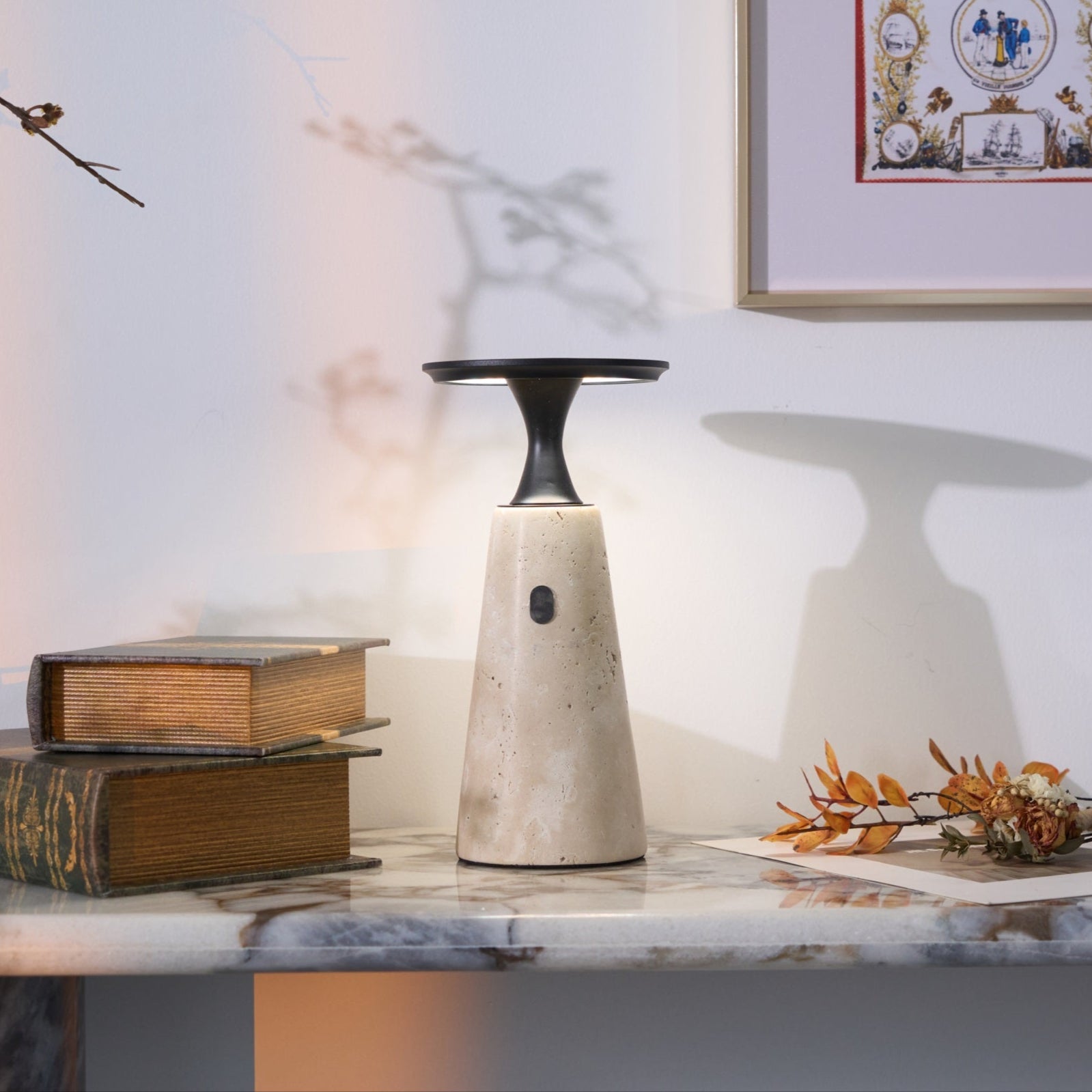 Vespera Sculptural Travertine Table Lamp - Blowlighting