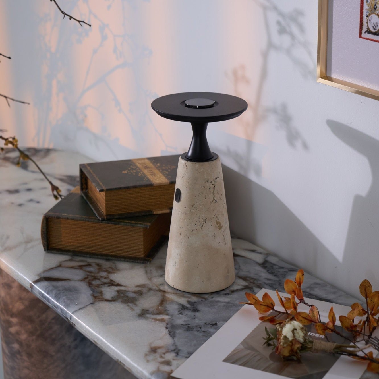 Vespera Sculptural Travertine Table Lamp - Blowlighting