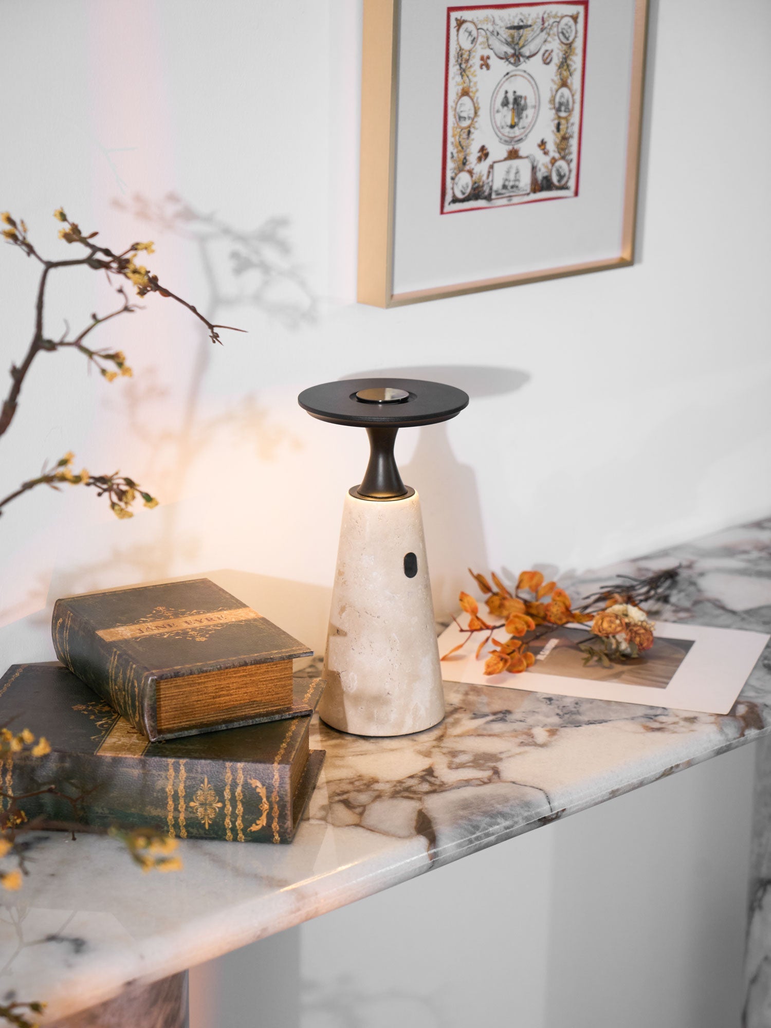 Vespera Sculptural Travertine Table Lamp - Blowlighting
