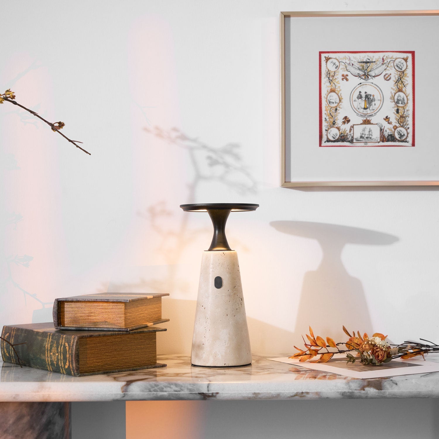 Vespera Sculptural Travertine Table Lamp - Blowlighting