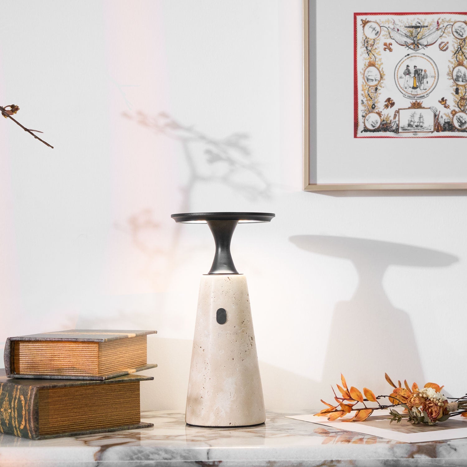 Vespera Sculptural Travertine Table Lamp - Blowlighting