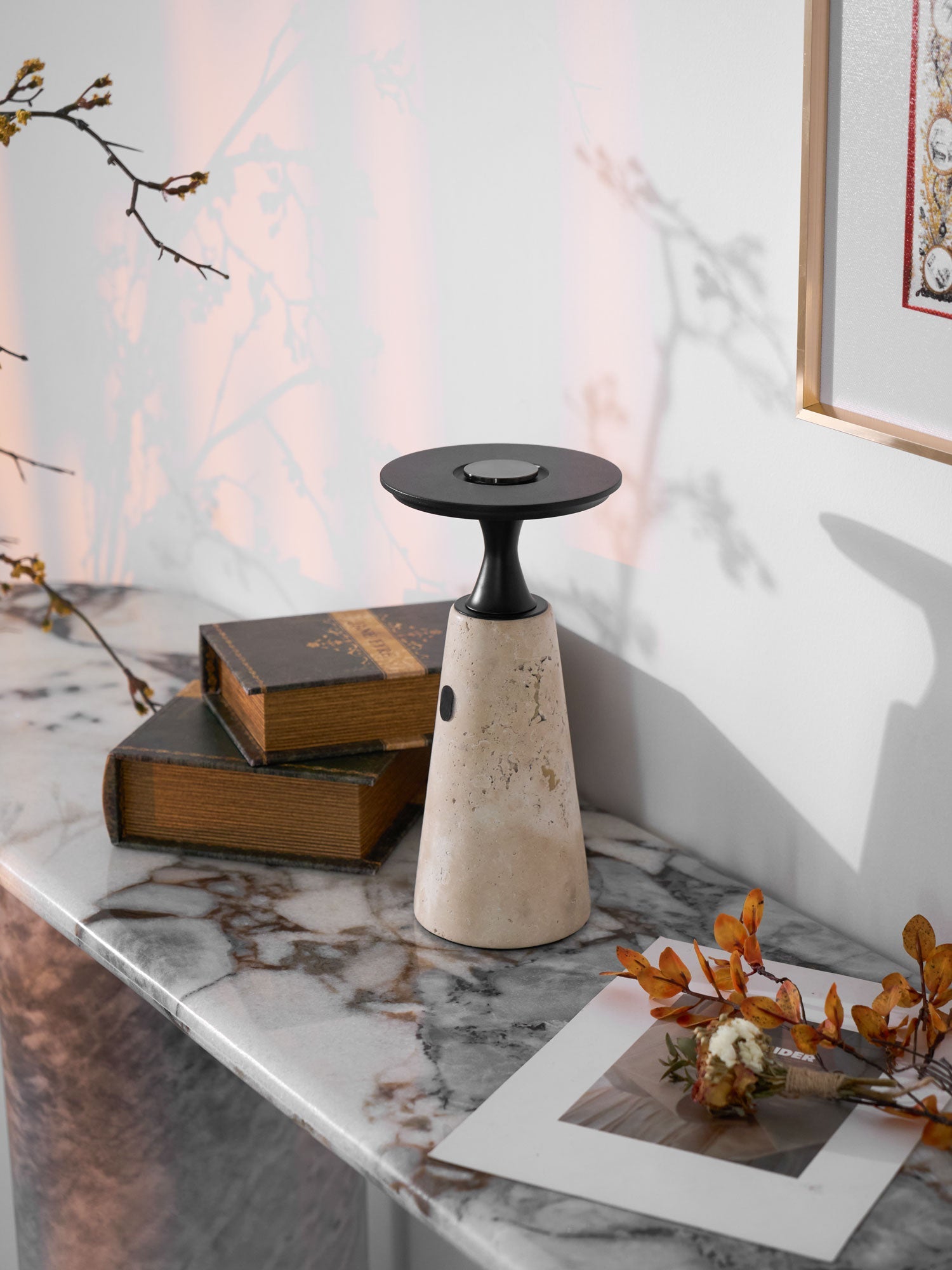 Vespera Sculptural Travertine Table Lamp - Blowlighting