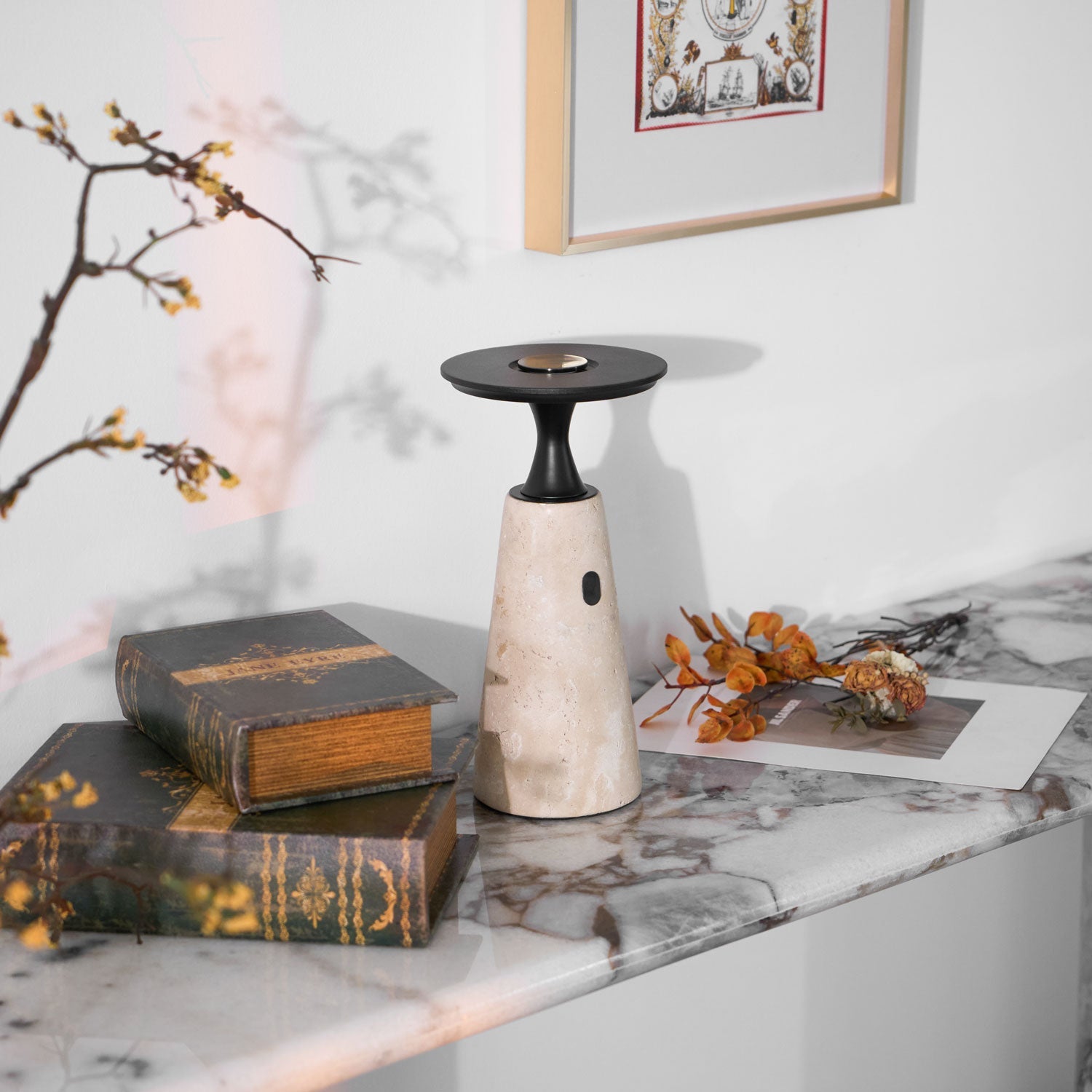 Vespera Sculptural Travertine Table Lamp - Blowlighting