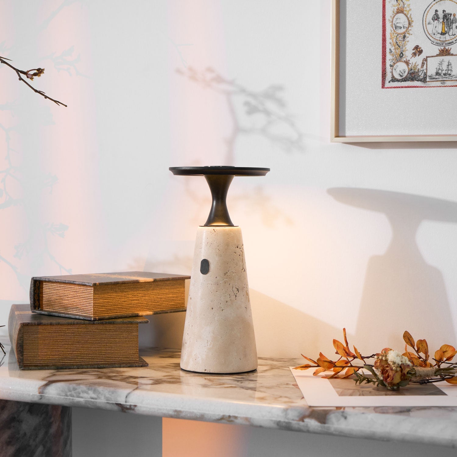 Vespera Sculptural Travertine Table Lamp - Blowlighting