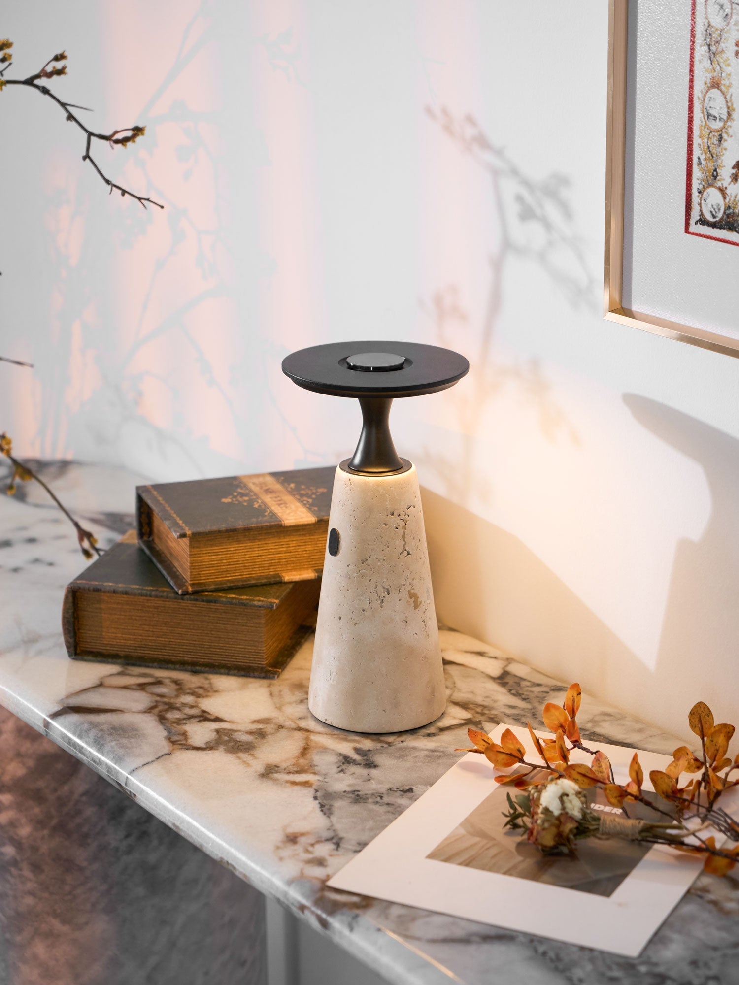 Vespera Sculptural Travertine Table Lamp - Blowlighting