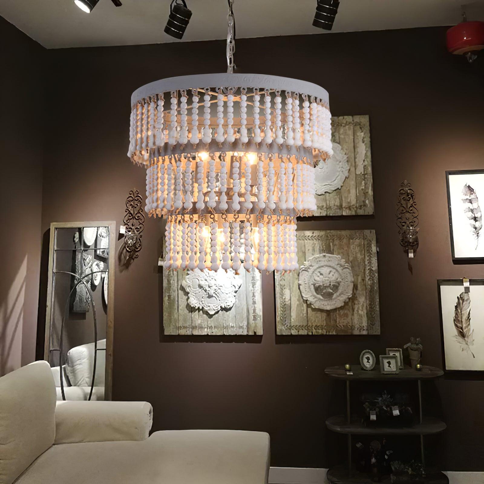 Three Tiered Wood Beaded Chandelier - Blowlighting