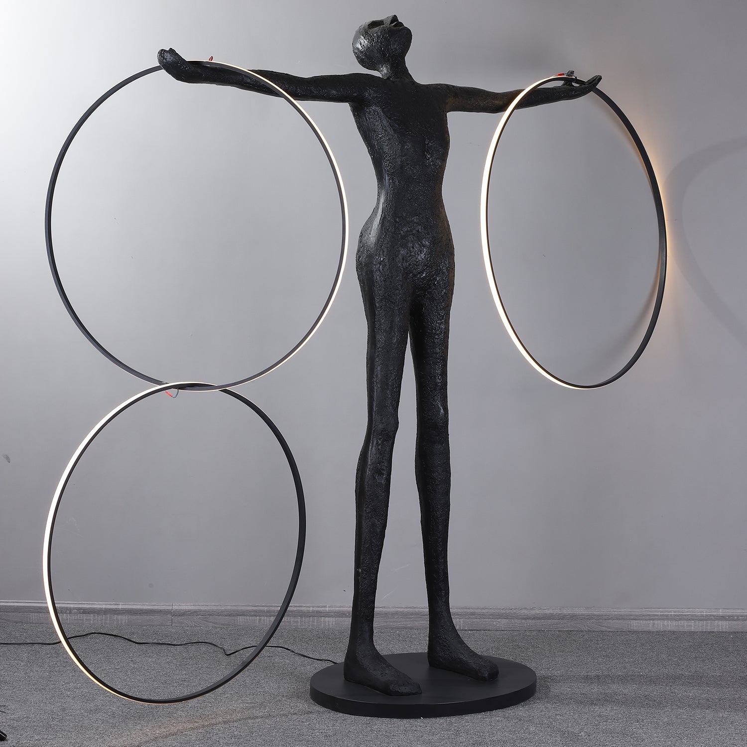 Eclipsa Dual-Ring Sculptural Black Metal Floor Lamp - Blowlighting