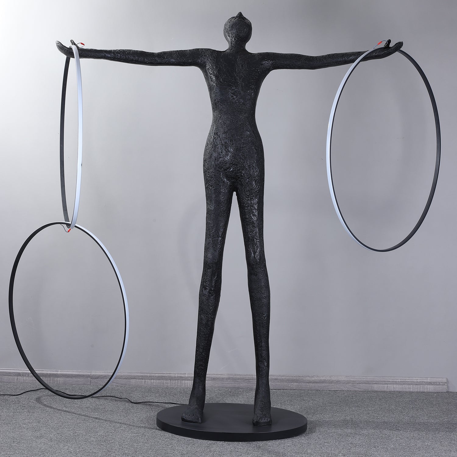 Eclipsa Dual-Ring Sculptural Black Metal Floor Lamp - Blowlighting