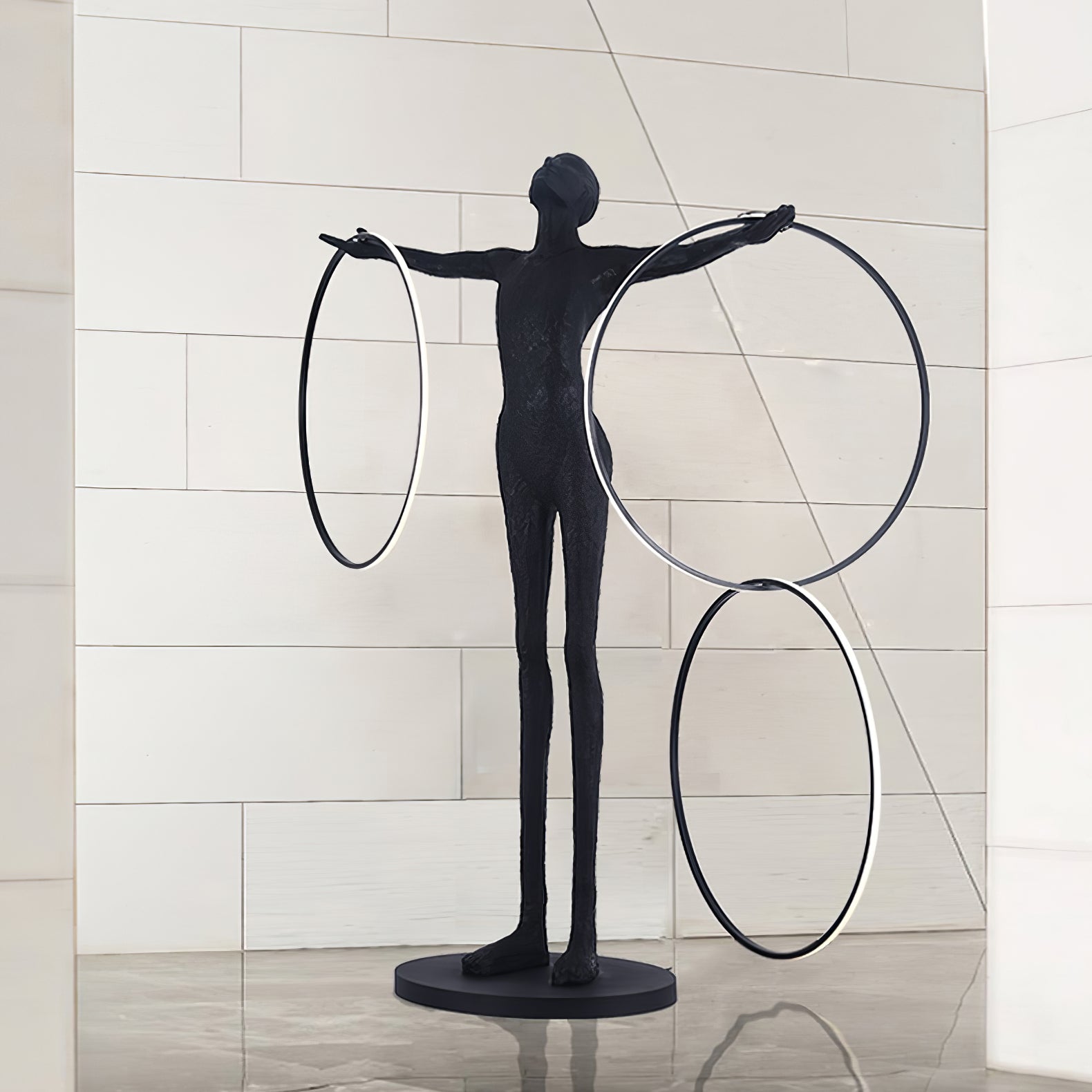 Eclipsa Dual-Ring Sculptural Black Metal Floor Lamp - Blowlighting