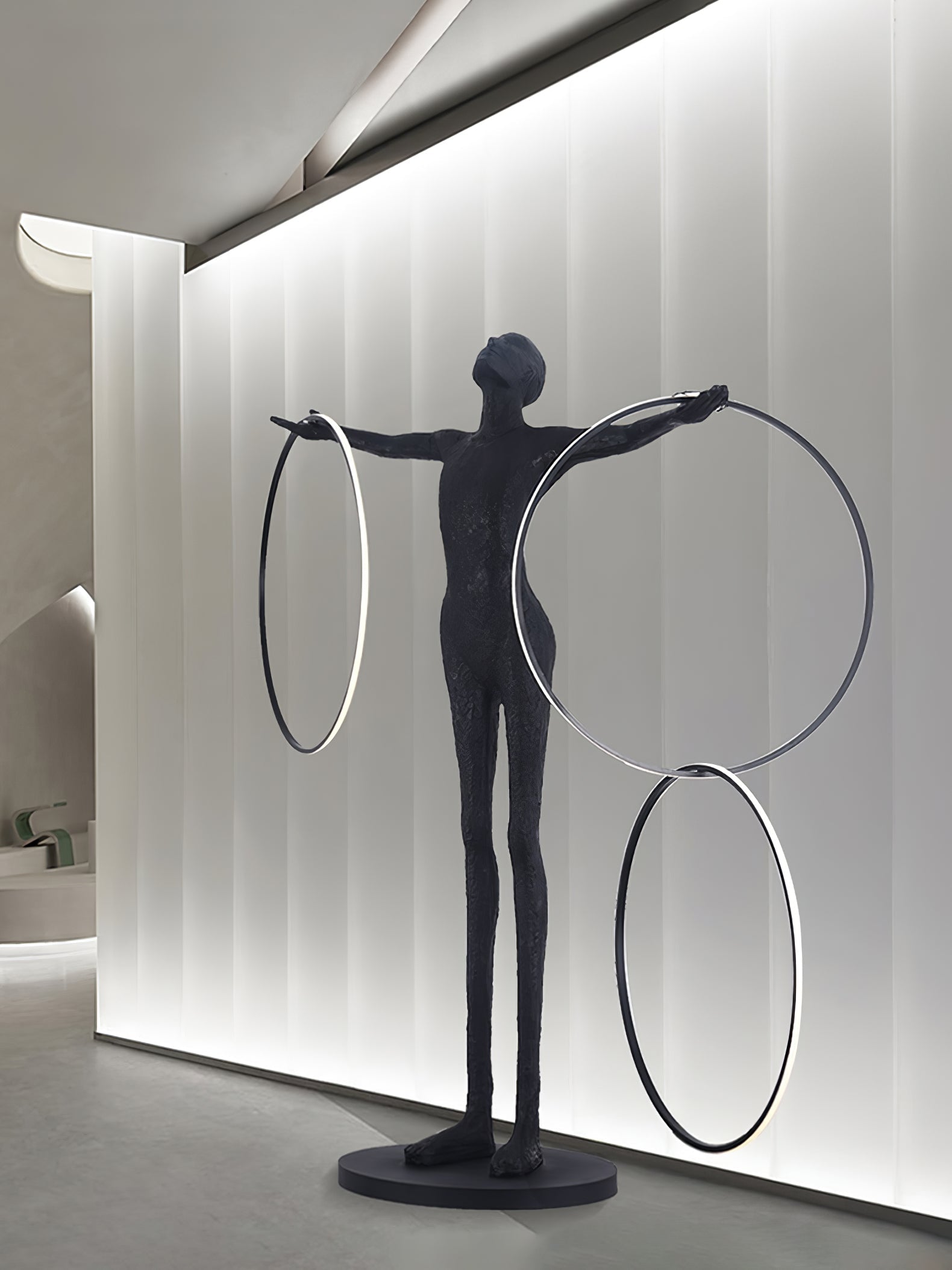 Eclipsa Dual-Ring Sculptural Black Metal Floor Lamp - Blowlighting