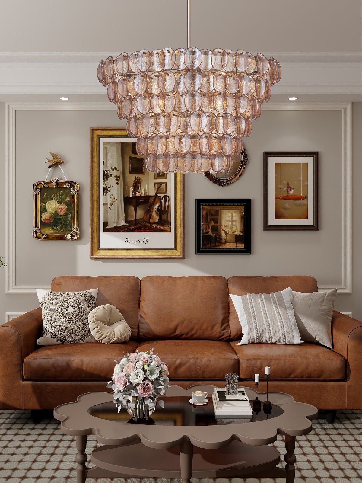 Aurora Chandelier Large Amber Glass Disc Fish Scale Brass - Blowlighting