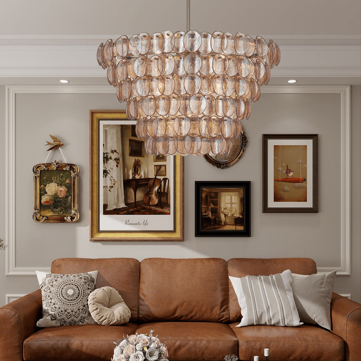 Aurora Chandelier Large Amber Glass Disc Fish Scale Brass - Blowlighting