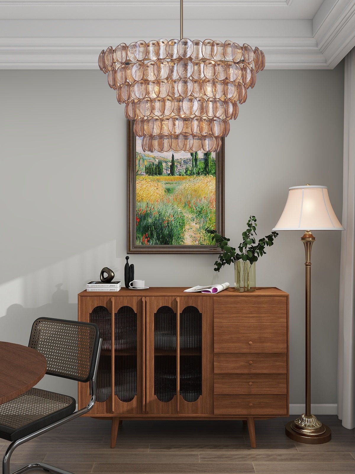 Aurora Chandelier Large Amber Glass Disc Fish Scale Brass - Blowlighting