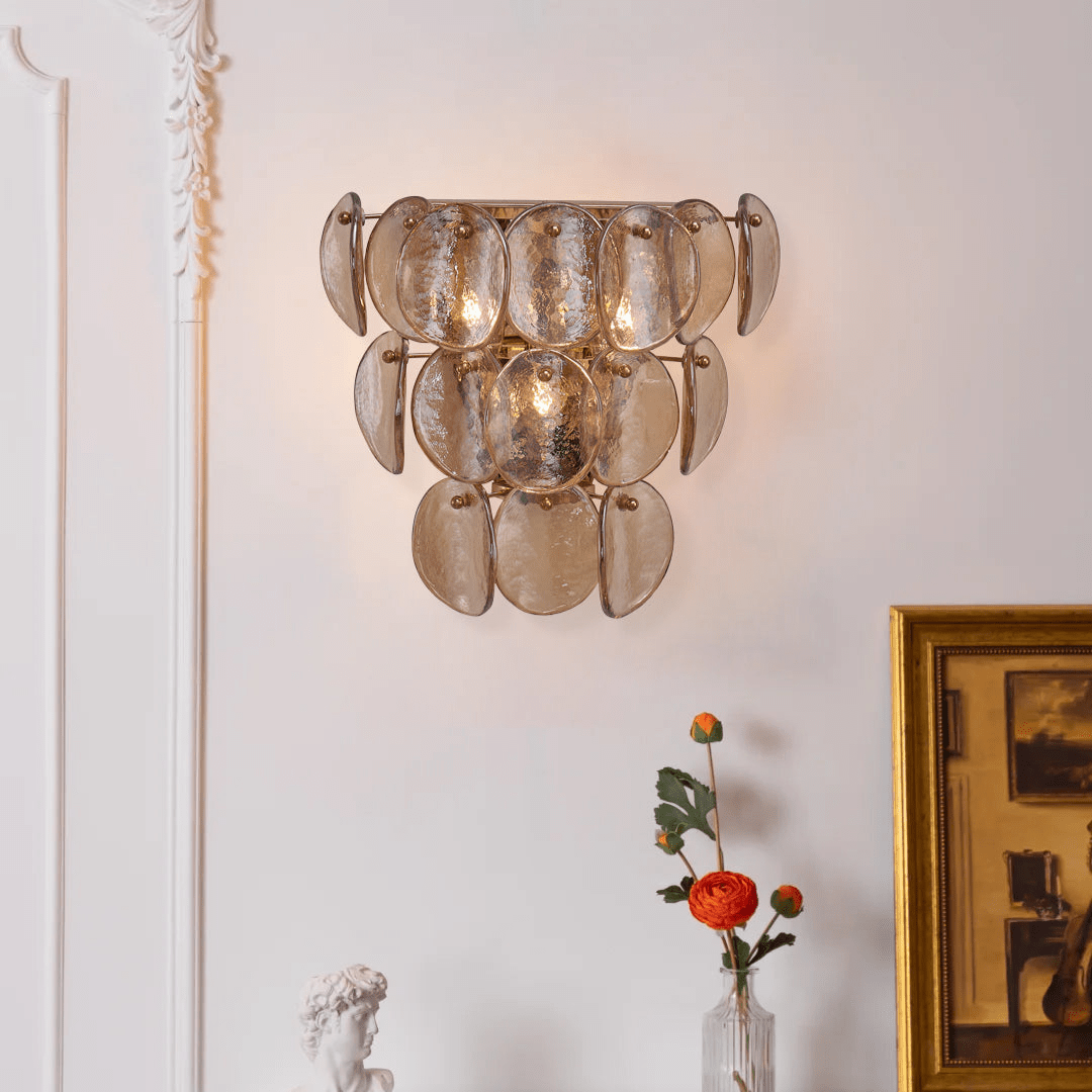 Aurora Wall Lamp Amber Glass Disc Fish Scale Brass - Blowlighting